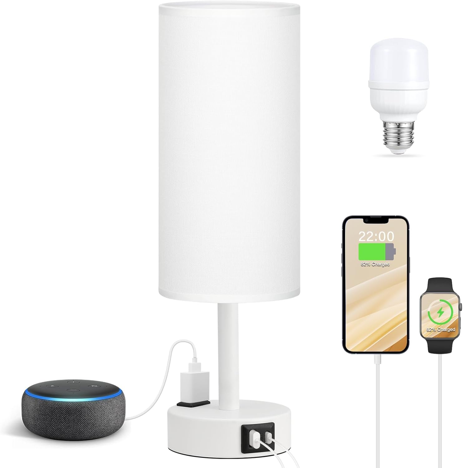 Bedside Table Lamp for Bedroom - 3 Way Dimmable Touch Lamp USB C Charging Ports and AC Outlet, Small Lamp Wood Base Round Flaxen Fabric Shade for Living Room, Desk, LED Bulb Included - Grand Goldman