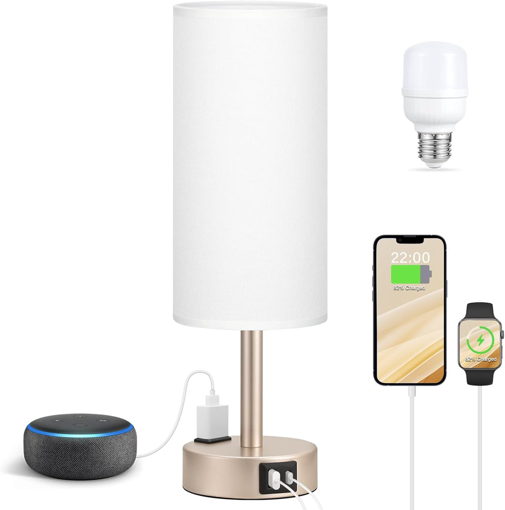 Bedside Table Lamp for Bedroom - 3 Way Dimmable Touch Lamp USB C Charging Ports and AC Outlet, Small Lamp Wood Base Round Flaxen Fabric Shade for Living Room, Desk, LED Bulb Included - Grand Goldman