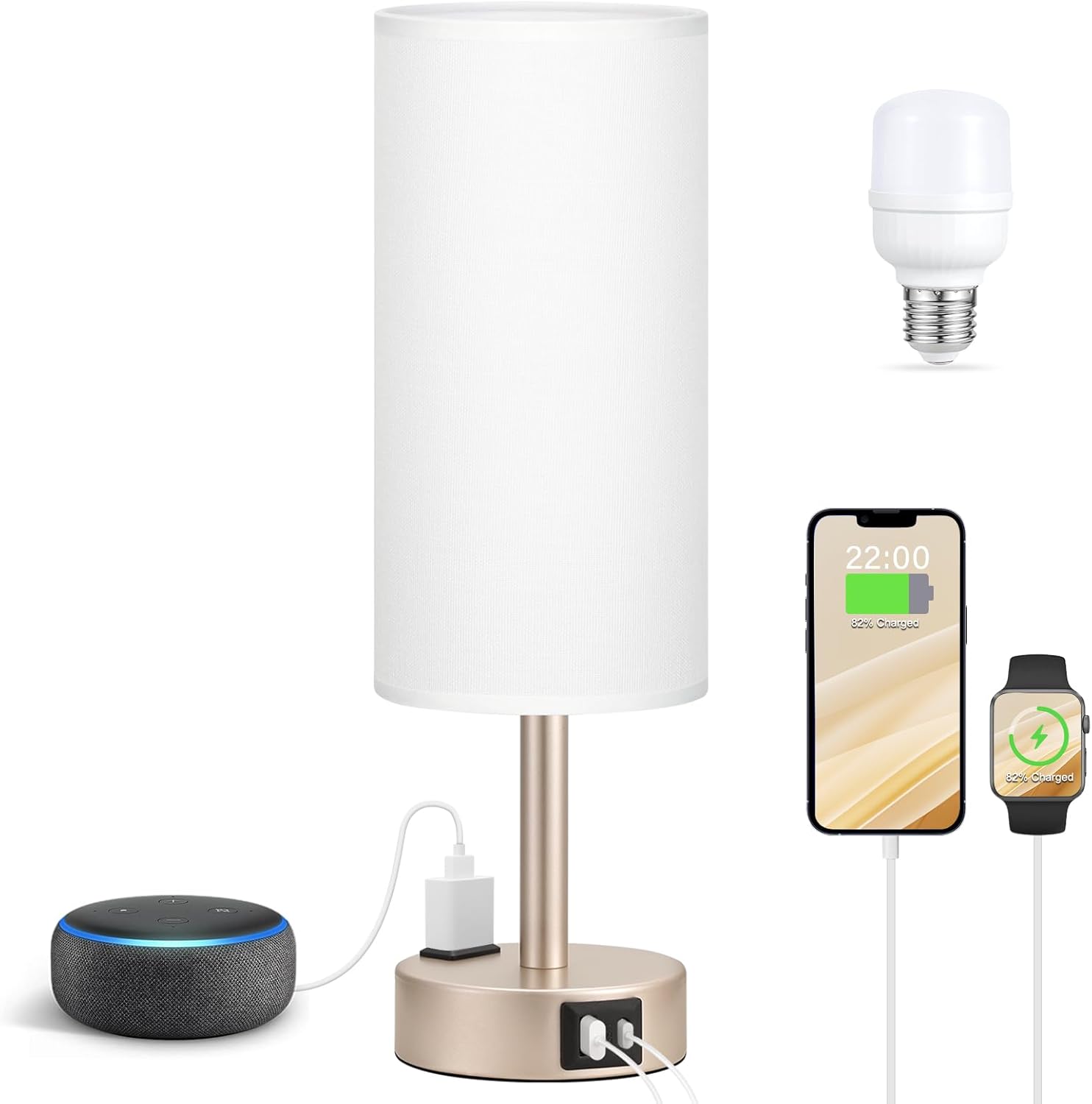 Bedside Table Lamp for Bedroom - 3 Way Dimmable Touch Lamp USB C Charging Ports and AC Outlet, Small Lamp Wood Base Round Flaxen Fabric Shade for Living Room, Desk, LED Bulb Included - Grand Goldman