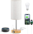 Bedside Table Lamp for Bedroom - 3 Way Dimmable Touch Lamp USB C Charging Ports and AC Outlet, Small Lamp Wood Base Round Flaxen Fabric Shade for Living Room, Desk, LED Bulb Included - Grand Goldman