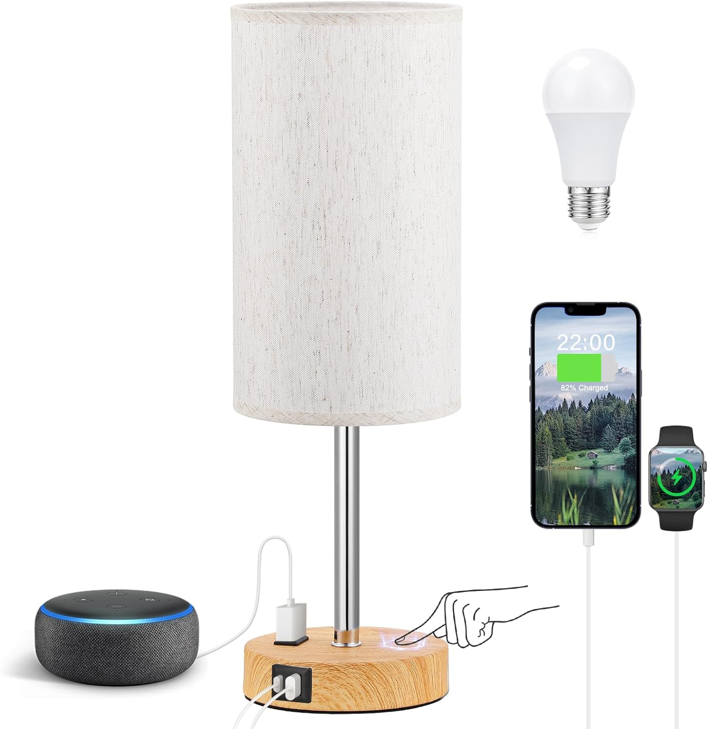 Bedside Table Lamp for Bedroom - 3 Way Dimmable Touch Lamp USB C Charging Ports and AC Outlet, Small Lamp Wood Base Round Flaxen Fabric Shade for Living Room, Desk, LED Bulb Included - Grand Goldman