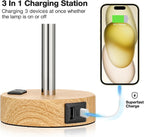 Bedside Table Lamp for Bedroom - 3 Way Dimmable Touch Lamp USB C Charging Ports and AC Outlet, Small Lamp Wood Base Round Flaxen Fabric Shade for Living Room, Desk, LED Bulb Included - Grand Goldman