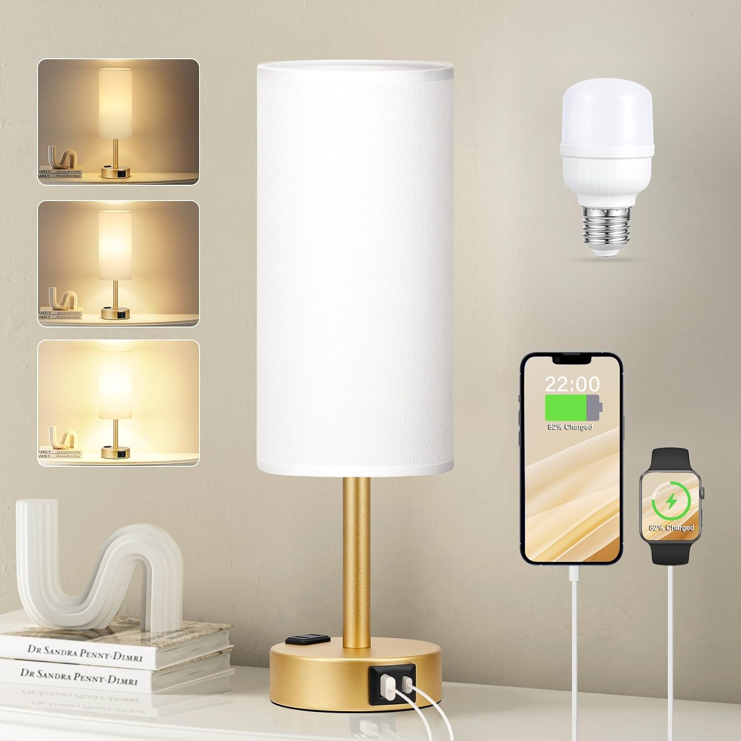 Bedside Table Lamp for Bedroom - 3 Way Dimmable Touch Lamp USB C Charging Ports and AC Outlet, Small Lamp Wood Base Round Flaxen Fabric Shade for Living Room, Desk, LED Bulb Included - Grand Goldman
