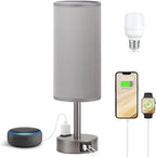 Bedside Table Lamp for Bedroom - 3 Way Dimmable Touch Lamp USB C Charging Ports and AC Outlet, Small Lamp Wood Base Round Flaxen Fabric Shade for Living Room, Desk, LED Bulb Included - Grand Goldman