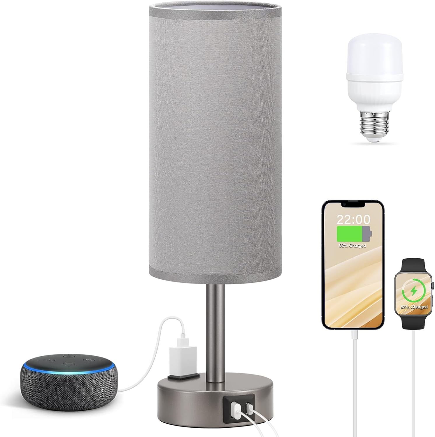 Bedside Table Lamp for Bedroom - 3 Way Dimmable Touch Lamp USB C Charging Ports and AC Outlet, Small Lamp Wood Base Round Flaxen Fabric Shade for Living Room, Desk, LED Bulb Included - Grand Goldman