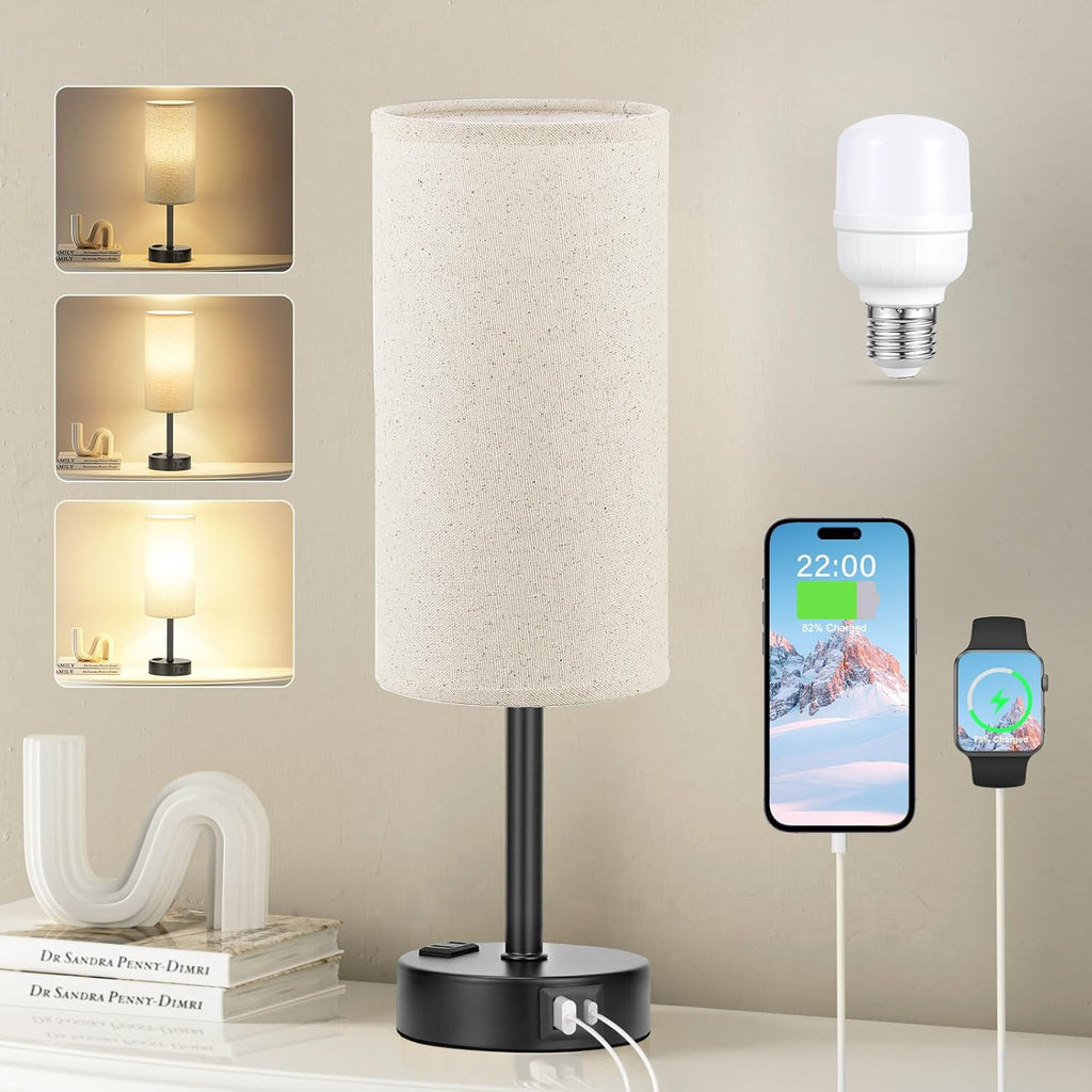 Bedside Table Lamp for Bedroom - 3 Way Dimmable Touch Lamp USB C Charging Ports and AC Outlet, Small Lamp Wood Base Round Flaxen Fabric Shade for Living Room, Desk, LED Bulb Included - Grand Goldman