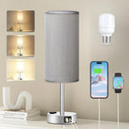 Bedside Table Lamp for Bedroom - 3 Way Dimmable Touch Lamp USB C Charging Ports and AC Outlet, Small Lamp Wood Base Round Flaxen Fabric Shade for Living Room, Desk, LED Bulb Included - Grand Goldman