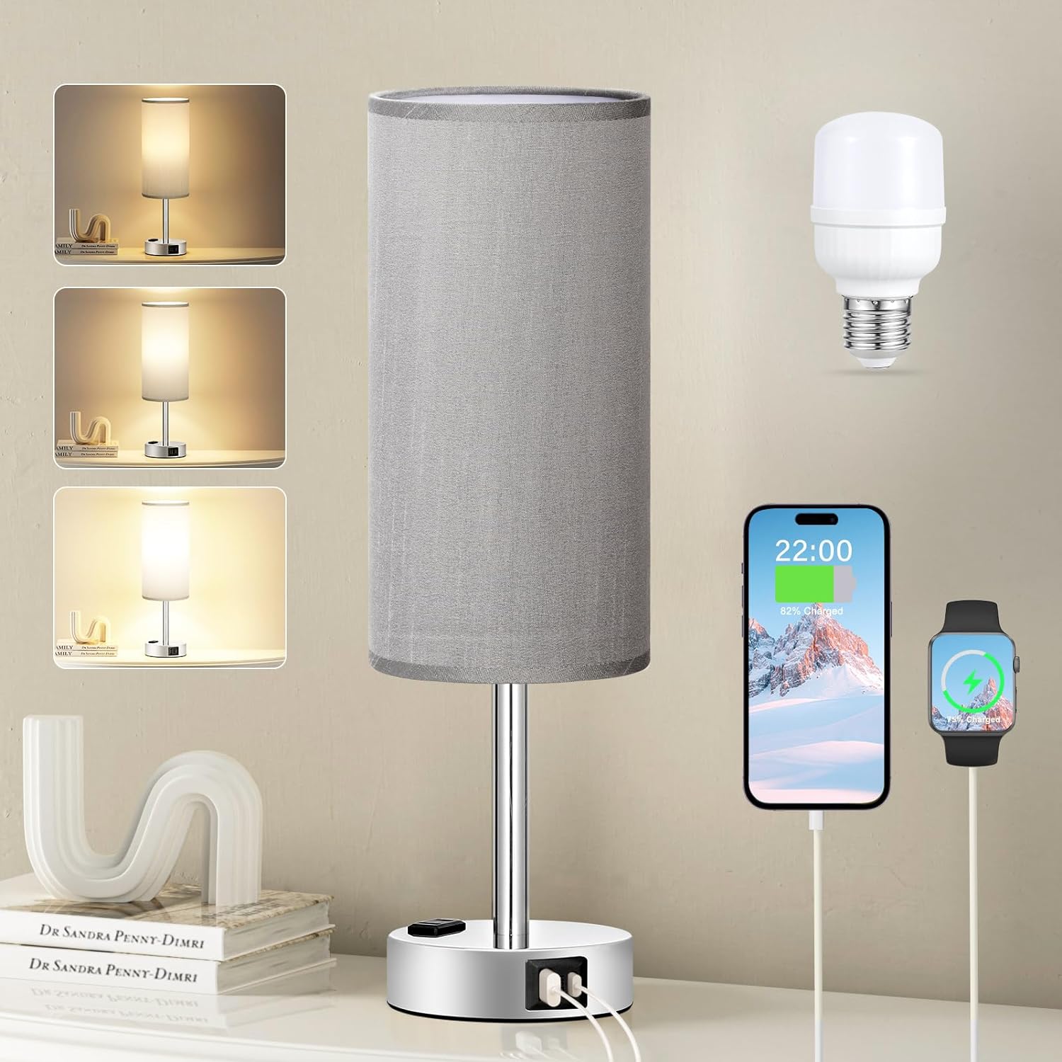 Bedside Table Lamp for Bedroom - 3 Way Dimmable Touch Lamp USB C Charging Ports and AC Outlet, Small Lamp Wood Base Round Flaxen Fabric Shade for Living Room, Desk, LED Bulb Included - Grand Goldman