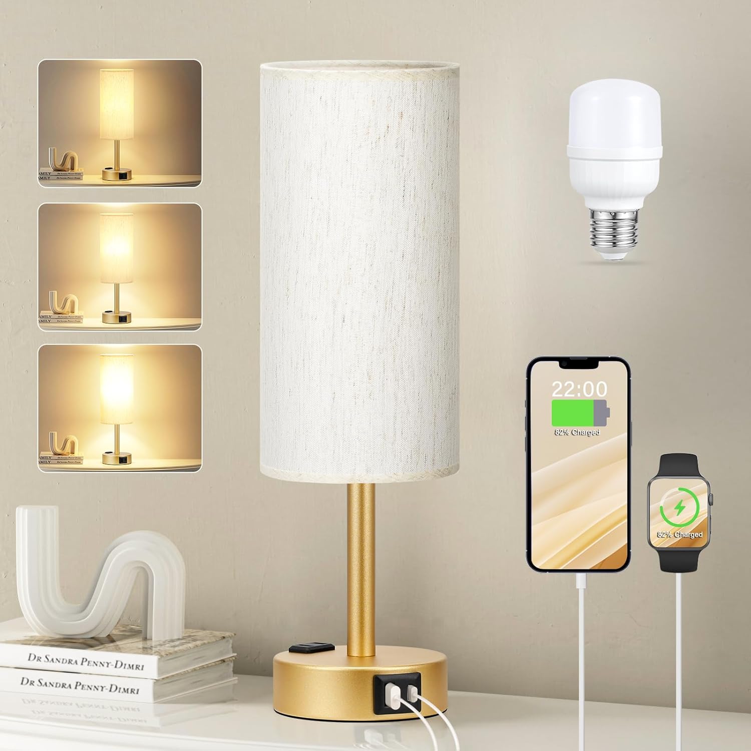 Bedside Table Lamp for Bedroom - 3 Way Dimmable Touch Lamp USB C Charging Ports and AC Outlet, Small Lamp Wood Base Round Flaxen Fabric Shade for Living Room, Desk, LED Bulb Included - Grand Goldman