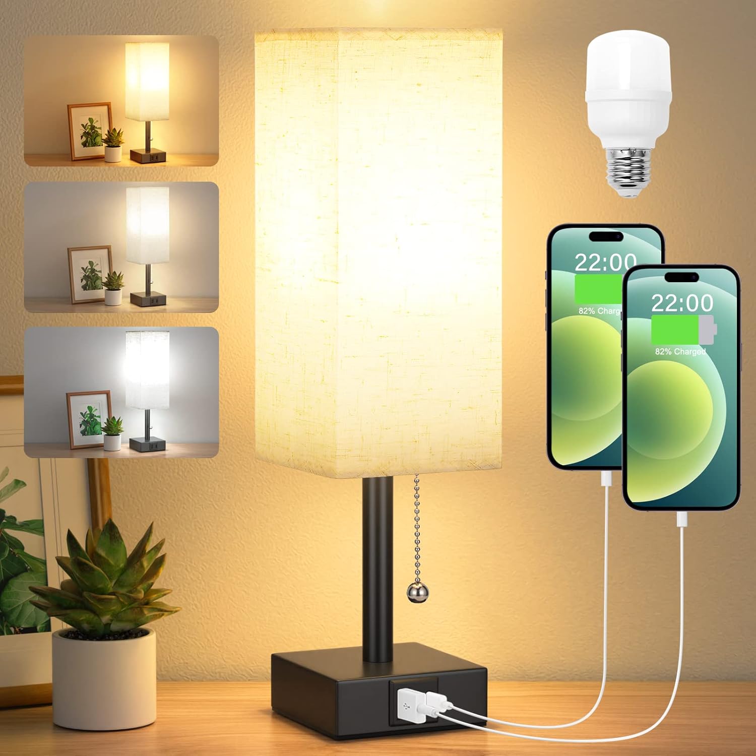 Bedside Table Lamp with 3 Color Temperatures - 3000/4000/5000K Small Lamp with USB C+A Ports, Nightstand Lamp with 3 Color Modes by Pull Chain, Bedroom Lamp for Living Read Work(LED Bulb Included) - Grand Goldman