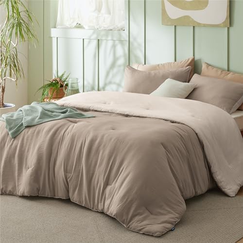 Bedsure Bedding Comforter Sets King, Reversible Khaki Prewashed Bed Comforter for All Seasons, 3 Pieces Warm Soft Bed Set, 1 Lightweight Comforter (104"x90") and 2 Pillowcases (20"x36") - Grand Goldman
