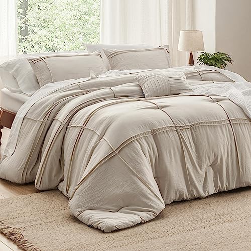 Bedsure Beige Queen Comforter Set - 4 Pieces Pinch Pleat Bed Set, Down Alternative Bedding Sets for All Season, 1 Comforter, 2 Pillowcases, 1 Decorative Pillow - Grand Goldman