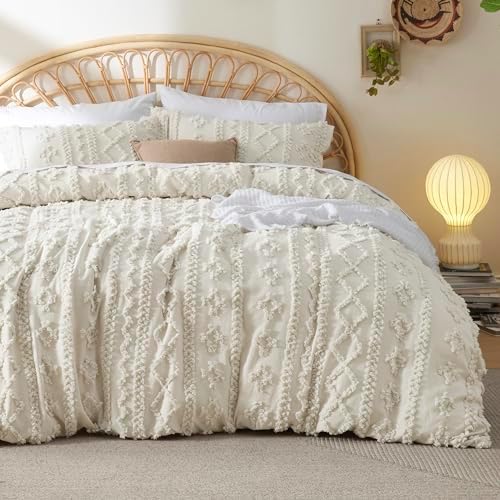 Bedsure Boho Duvet Cover King Size - Tufted Duvet Cover King Size for All Seasons, 3 Pieces Soft Shabby Chic Embroidery Boho Bedding Duvet Cover for Gifts (Beige, King, 104x90) - Grand Goldman