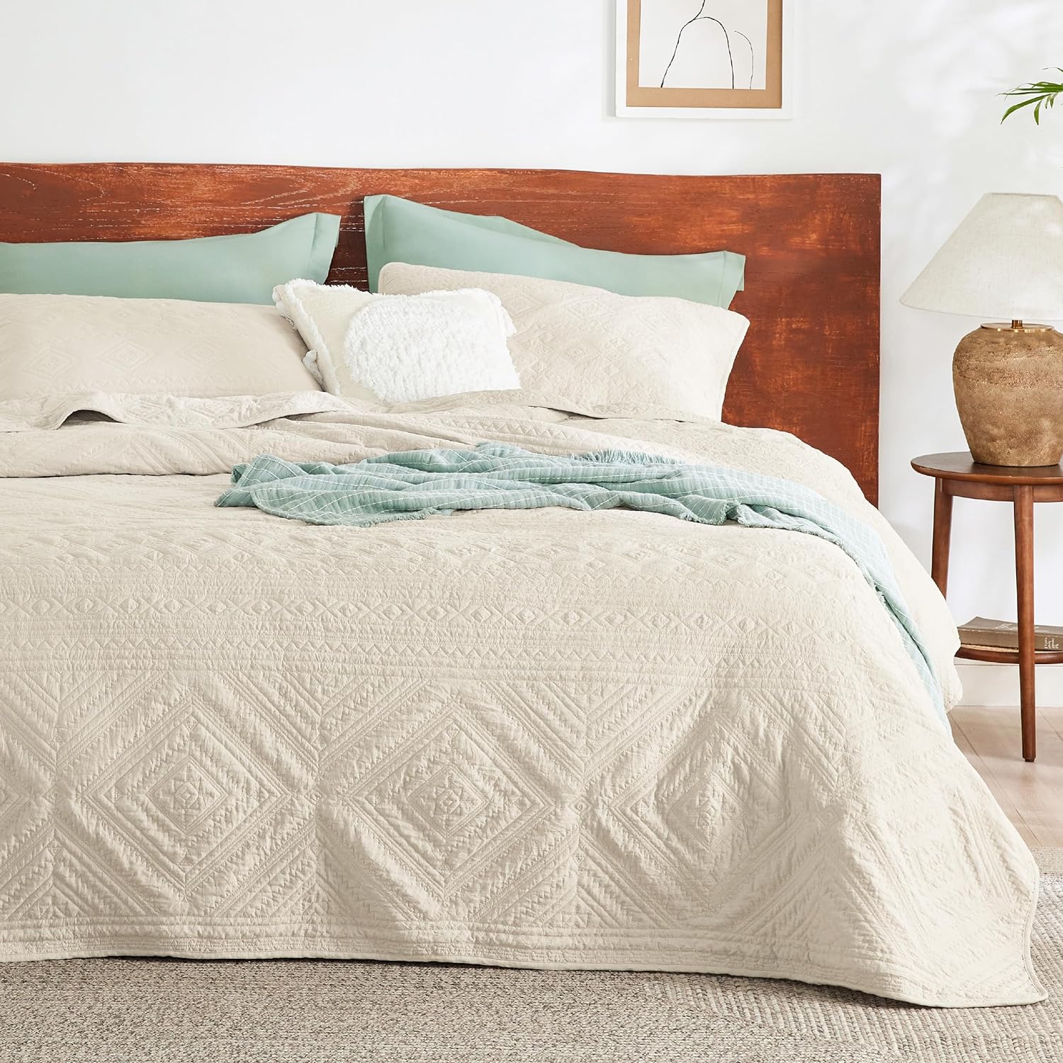 Bedsure Boho Quilt Queen Size Dark Green, Modern Geometric Stitched Pattern, Ultra Soft and Lightweight Bedding Set, 3 Pieces, 1 Quilt and 2 Pillow Shams - Grand Goldman