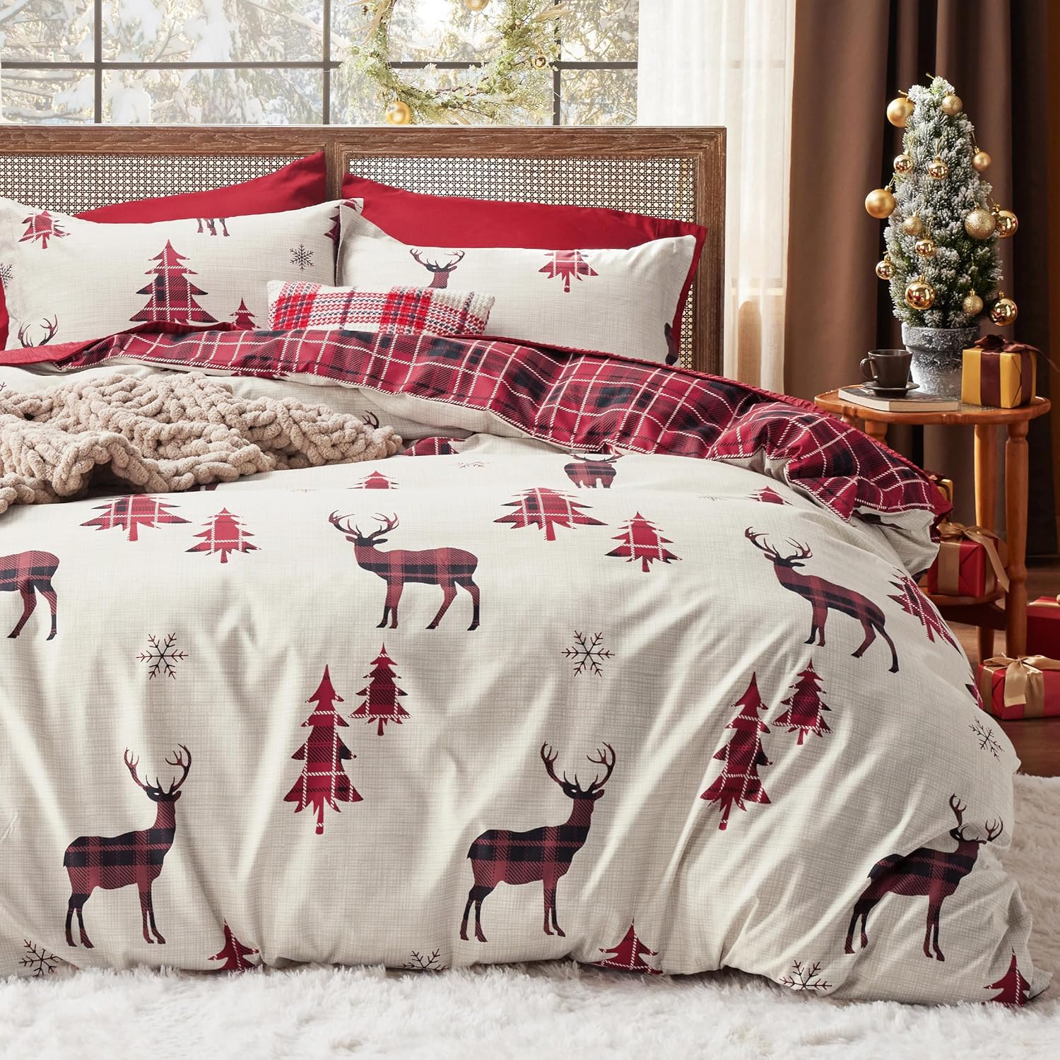Bedsure Christmas Duvet Cover King - Christmas Bedding King Size, Reversible Buffalo Check Printed Christmas Plaid Duvet Cover, Includes 1 Duvet Cover and 2 Pillow Shams (King, Reindeer) - Grand Goldman