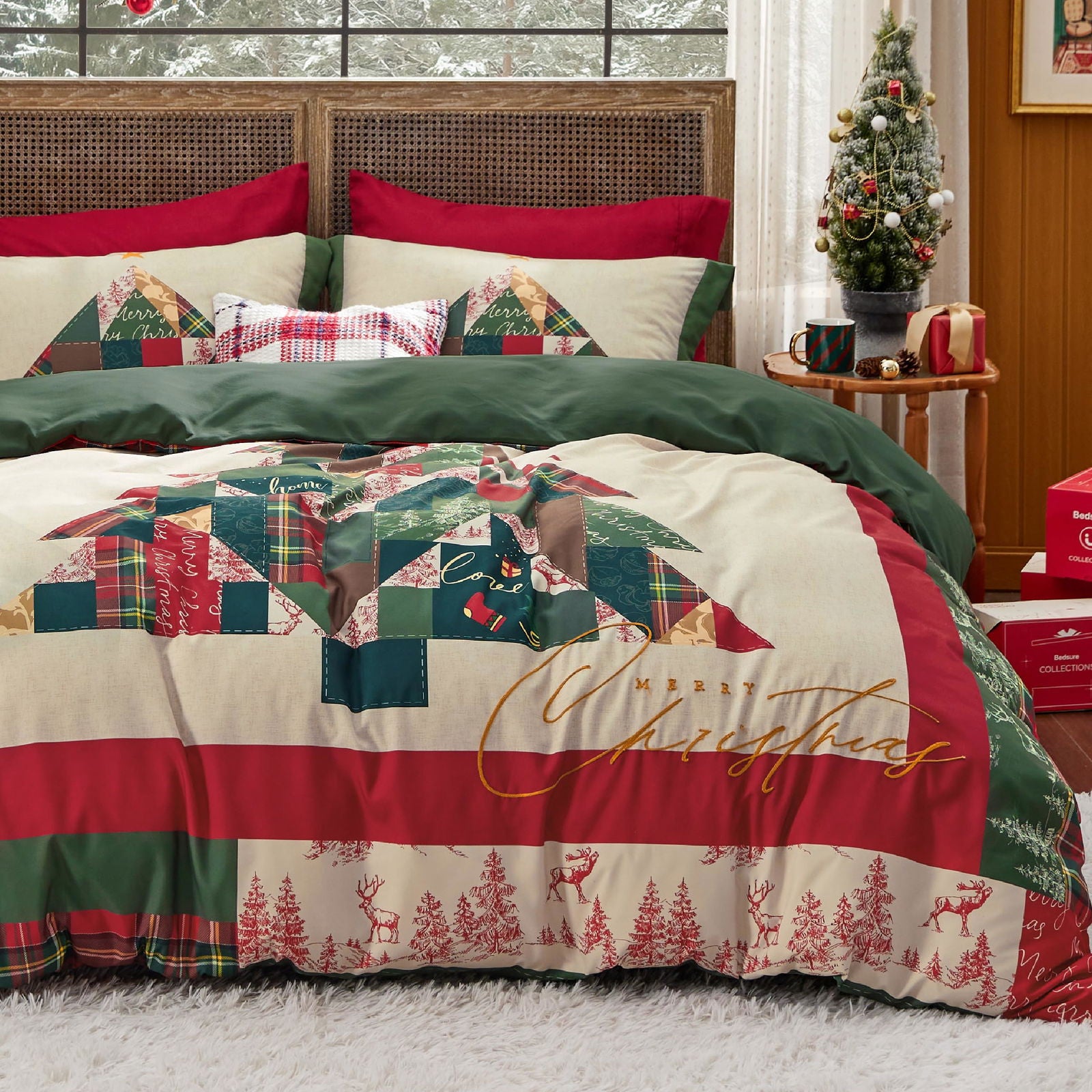 Bedsure Christmas Duvet Cover King - Christmas Bedding King Size, Reversible Buffalo Check Printed Christmas Plaid Duvet Cover, Includes 1 Duvet Cover and 2 Pillow Shams (King, Reindeer) - Grand Goldman
