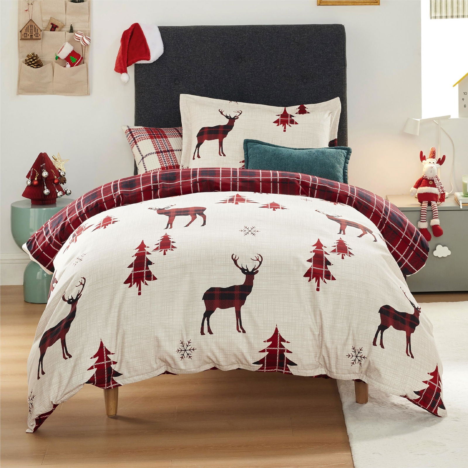 Bedsure Christmas Duvet Cover King - Christmas Bedding King Size, Reversible Buffalo Check Printed Christmas Plaid Duvet Cover, Includes 1 Duvet Cover and 2 Pillow Shams (King, Reindeer) - Grand Goldman