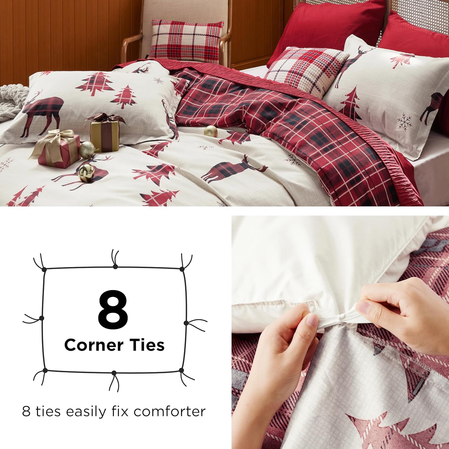 Bedsure Christmas Duvet Cover King - Christmas Bedding King Size, Reversible Buffalo Check Printed Christmas Plaid Duvet Cover, Includes 1 Duvet Cover and 2 Pillow Shams (King, Reindeer) - Grand Goldman