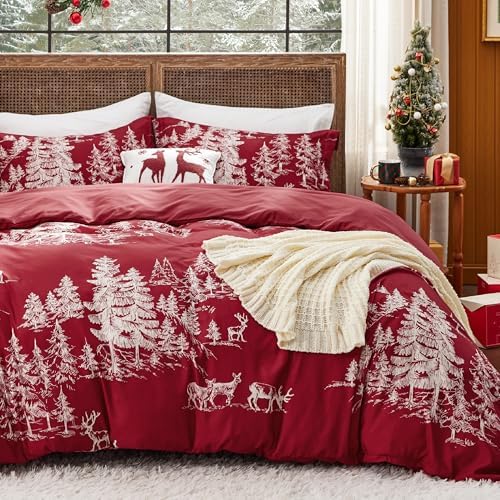 Bedsure Christmas Duvet Cover Queen - Green Forest Christmas Bedding Set, 5-Piece Includes 1 Duvet Cover, 2 Pillow Shams, 1 Throw Blanket and 1 Decorative Pillow (Queen, Green Forest) - Grand Goldman