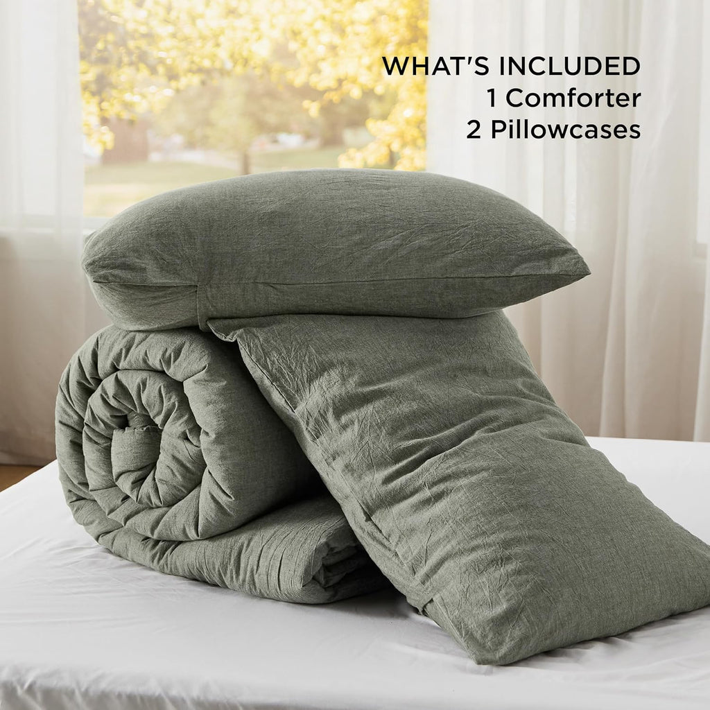 Bedsure Comforter Set Queen Size Grayish Olive Green - Cotton Fabric with Microfiber Inner Fill, Queen Comforter Set for All Seasons, 3 Pieces, 1 Comforter (90"x90") and 2 Pillow Cases (20"x26") - Grand Goldman