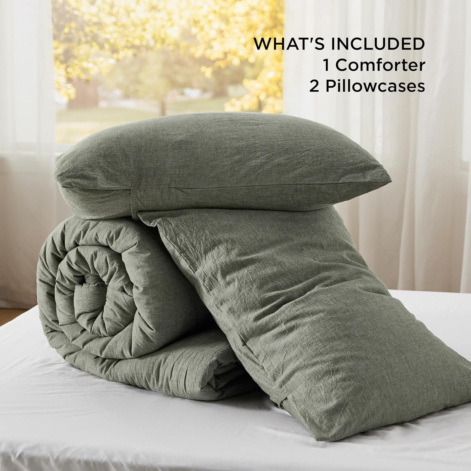 Bedsure Comforter Set Queen Size Grayish Olive Green - Cotton Fabric with Microfiber Inner Fill, Queen Comforter Set for All Seasons, 3 Pieces, 1 Comforter (90"x90") and 2 Pillow Cases (20"x26") - Grand Goldman