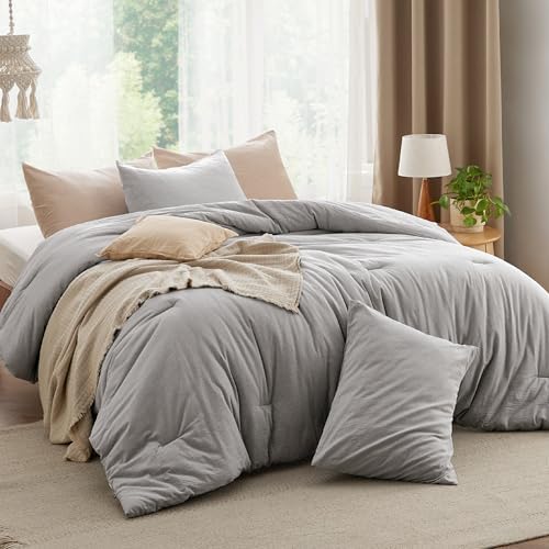 Bedsure Comforter Set Queen Size Grayish Olive Green - Cotton Fabric with Microfiber Inner Fill, Queen Comforter Set for All Seasons, 3 Pieces, 1 Comforter (90"x90") and 2 Pillow Cases (20"x26") - Grand Goldman