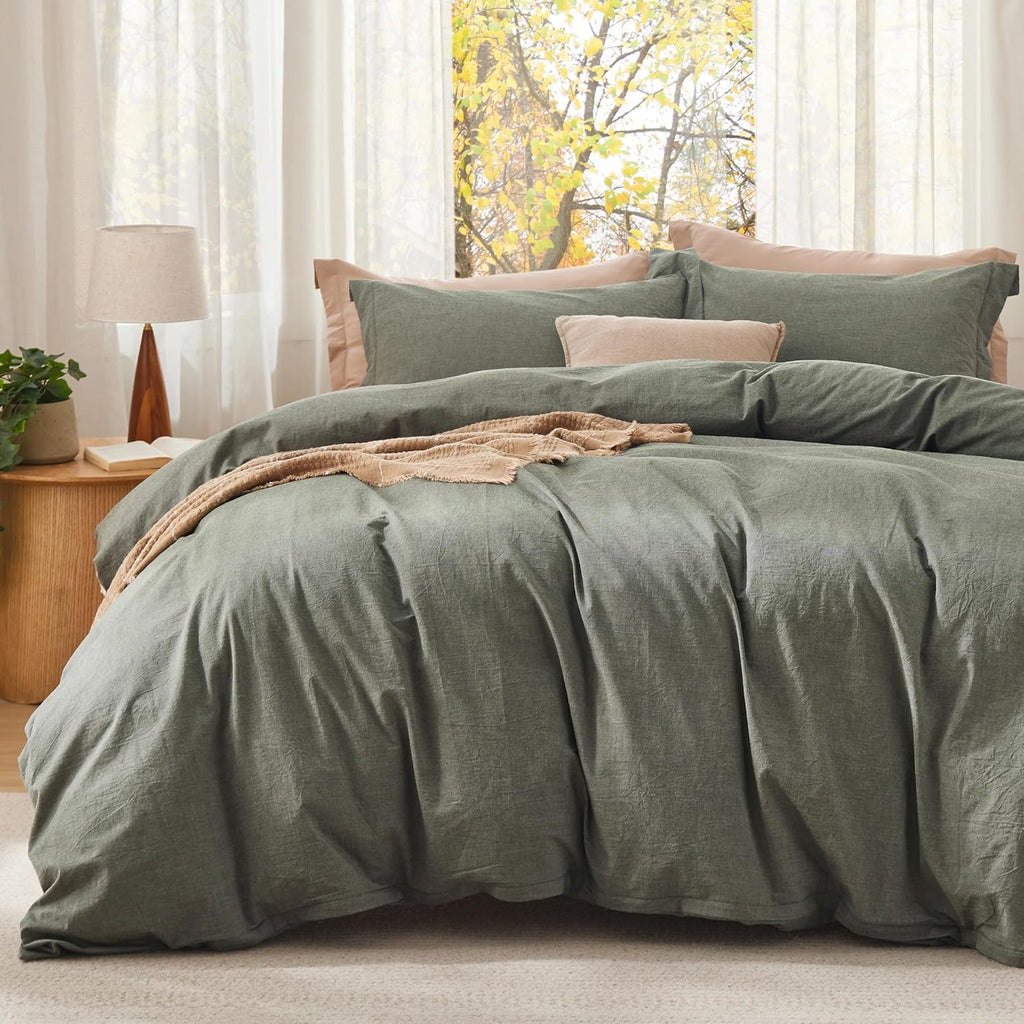 Bedsure Comforter Set Queen Size Grayish Olive Green - Cotton Fabric with Microfiber Inner Fill, Queen Comforter Set for All Seasons, 3 Pieces, 1 Comforter (90"x90") and 2 Pillow Cases (20"x26") - Grand Goldman
