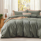 Bedsure Comforter Set Queen Size Grayish Olive Green - Cotton Fabric with Microfiber Inner Fill, Queen Comforter Set for All Seasons, 3 Pieces, 1 Comforter (90"x90") and 2 Pillow Cases (20"x26") - Grand Goldman