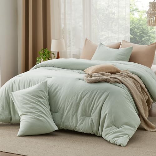 Bedsure Comforter Set Queen Size Grayish Olive Green - Cotton Fabric with Microfiber Inner Fill, Queen Comforter Set for All Seasons, 3 Pieces, 1 Comforter (90"x90") and 2 Pillow Cases (20"x26") - Grand Goldman