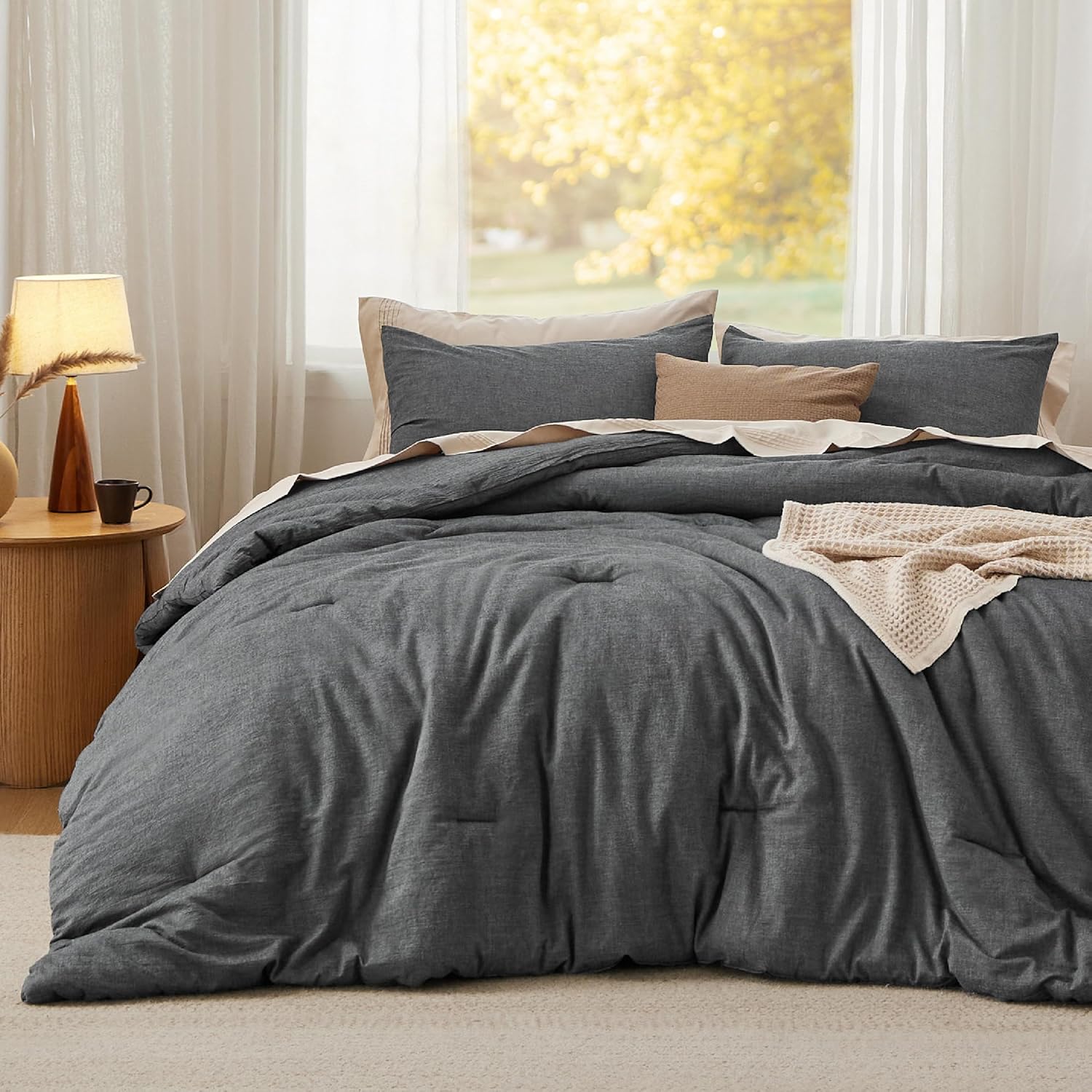 Bedsure Comforter Set Queen Size Grayish Olive Green - Cotton Fabric with Microfiber Inner Fill, Queen Comforter Set for All Seasons, 3 Pieces, 1 Comforter (90"x90") and 2 Pillow Cases (20"x26") - Grand Goldman