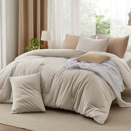 Bedsure Comforter Set Queen Size Grayish Olive Green - Cotton Fabric with Microfiber Inner Fill, Queen Comforter Set for All Seasons, 3 Pieces, 1 Comforter (90"x90") and 2 Pillow Cases (20"x26") - Grand Goldman