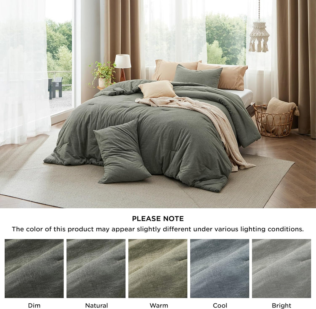 Bedsure Comforter Set Queen Size Grayish Olive Green - Cotton Fabric with Microfiber Inner Fill, Queen Comforter Set for All Seasons, 3 Pieces, 1 Comforter (90"x90") and 2 Pillow Cases (20"x26") - Grand Goldman