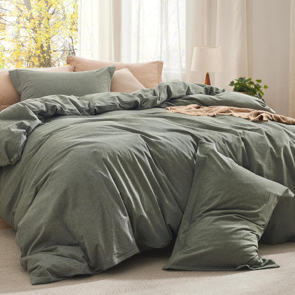 Bedsure Comforter Set Queen Size Grayish Olive Green - Cotton Fabric with Microfiber Inner Fill, Queen Comforter Set for All Seasons, 3 Pieces, 1 Comforter (90"x90") and 2 Pillow Cases (20"x26") - Grand Goldman