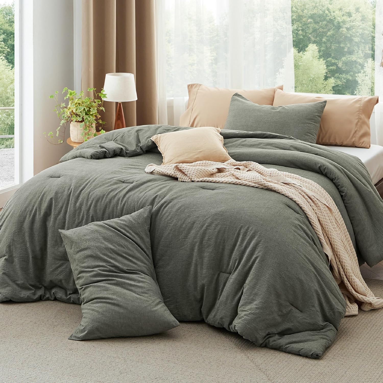 Bedsure Comforter Set Queen Size Grayish Olive Green - Cotton Fabric with Microfiber Inner Fill, Queen Comforter Set for All Seasons, 3 Pieces, 1 Comforter (90"x90") and 2 Pillow Cases (20"x26") - Grand Goldman