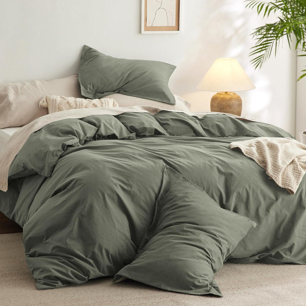 Bedsure Comforter Set Queen Size Grayish Olive Green - Cotton Fabric with Microfiber Inner Fill, Queen Comforter Set for All Seasons, 3 Pieces, 1 Comforter (90"x90") and 2 Pillow Cases (20"x26") - Grand Goldman