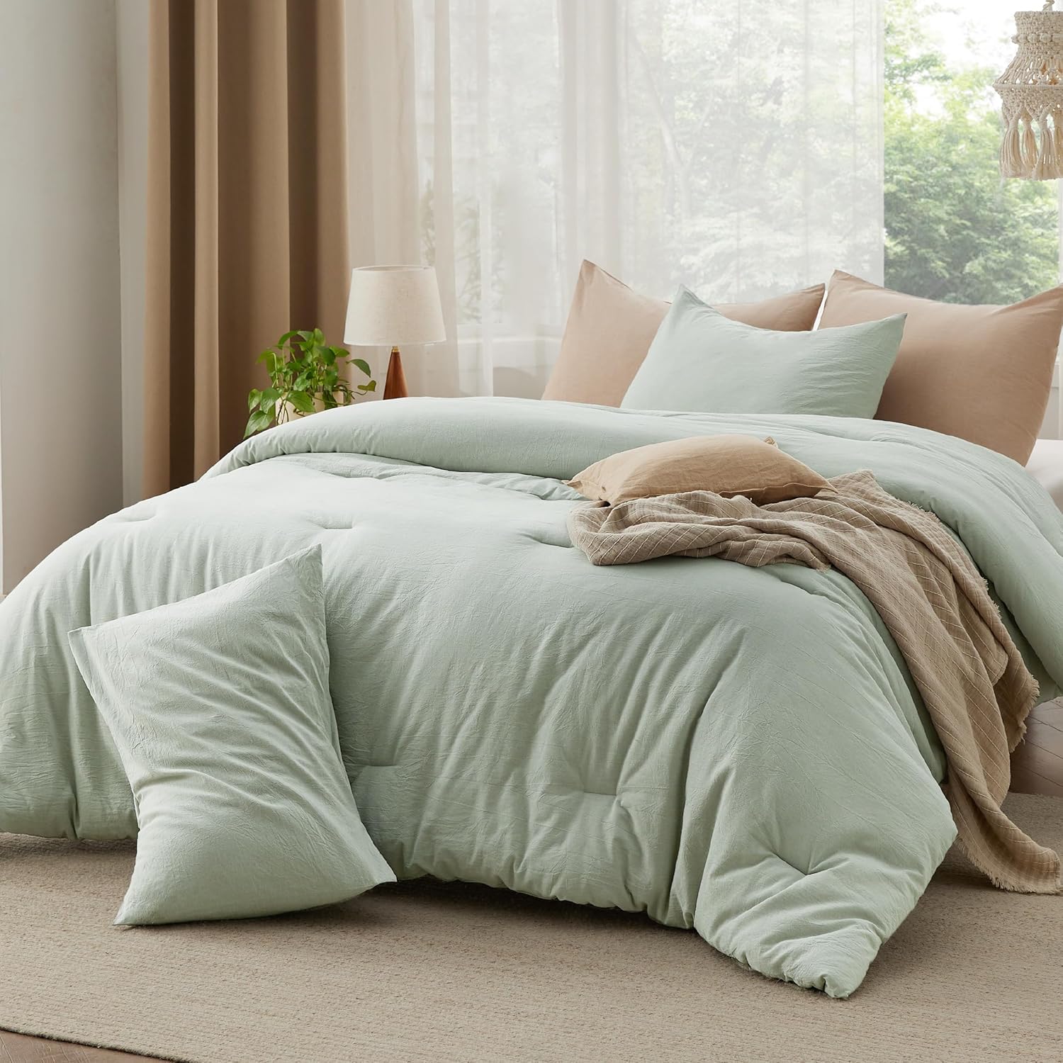 Bedsure Comforter Set Queen Size Grayish Olive Green - Cotton Fabric with Microfiber Inner Fill, Queen Comforter Set for All Seasons, 3 Pieces, 1 Comforter (90"x90") and 2 Pillow Cases (20"x26") - Grand Goldman