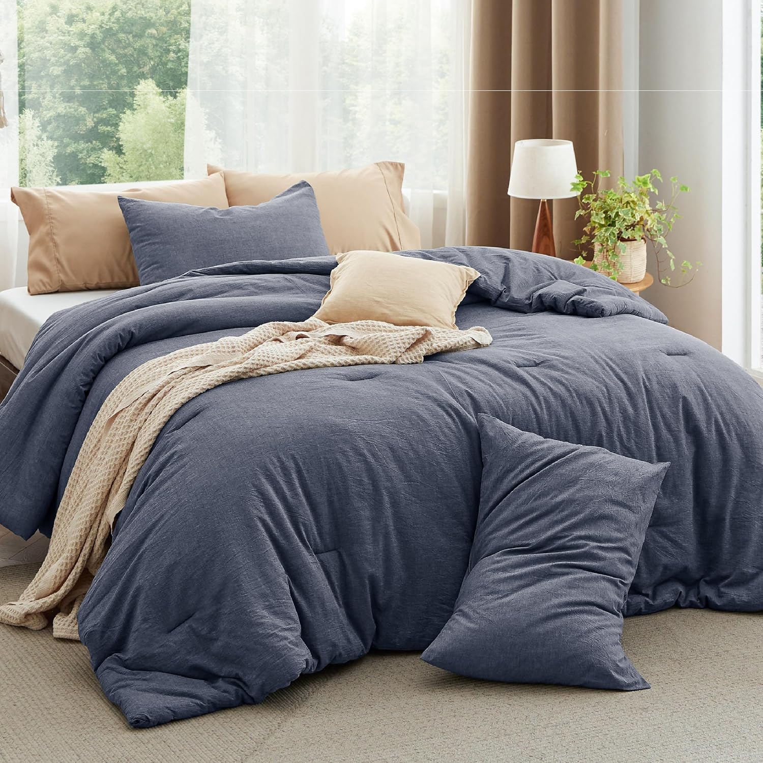 Bedsure Comforter Set Queen Size Grayish Olive Green - Cotton Fabric with Microfiber Inner Fill, Queen Comforter Set for All Seasons, 3 Pieces, 1 Comforter (90"x90") and 2 Pillow Cases (20"x26") - Grand Goldman