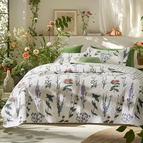 Bedsure Floral Quilt Set Queen - Reversible Blue & White Quilt Bedding Set, Daisy Design Bedspread, 3 Pieces Microfiber Lightweight Coverlet with 2 Pillow Shams for All Seasons (90"x96") - Grand Goldman