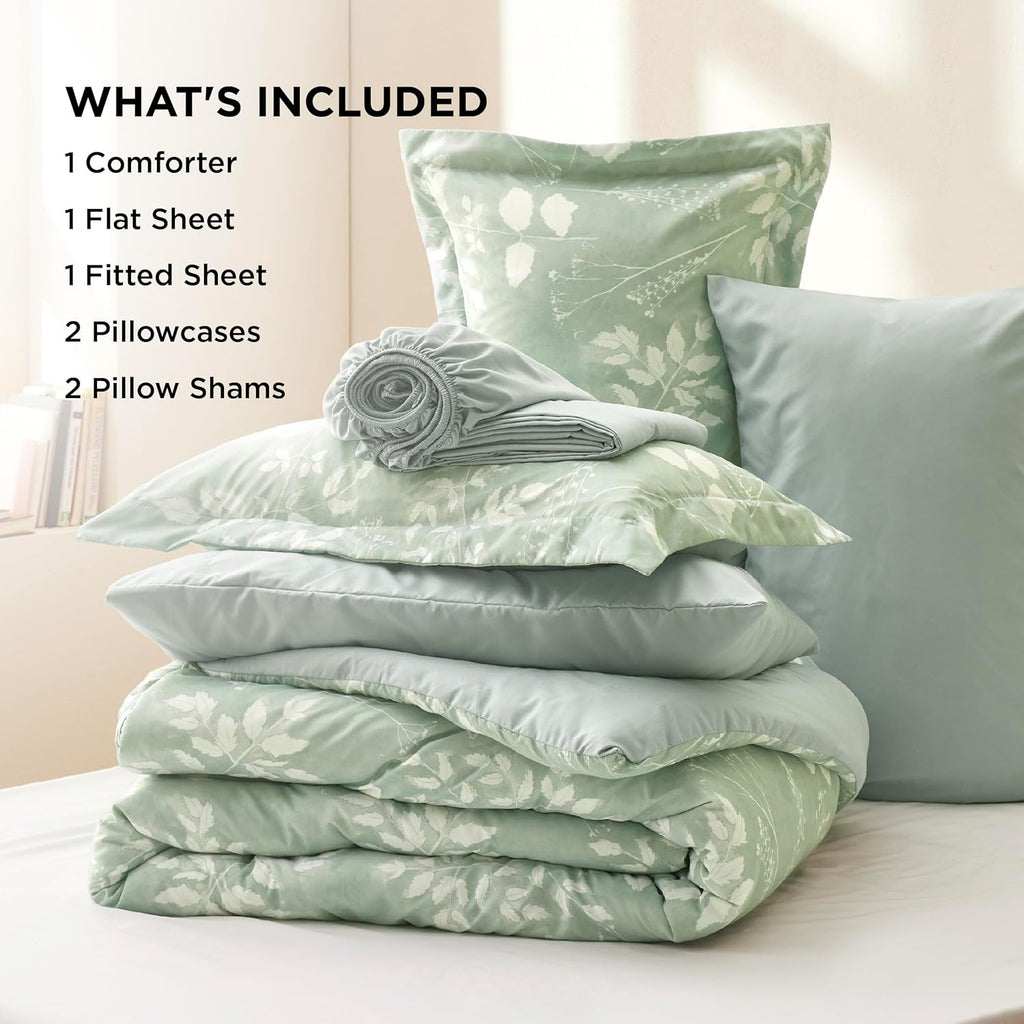Bedsure Queen Comforter Set - 7 Pieces Floral Sage Green Bedding Sets, Queen Bed in a Bag Gift for Christmas with Reversible Botanical Flowers Comforter, Sheets, Pillowcases & Shams - Grand Goldman