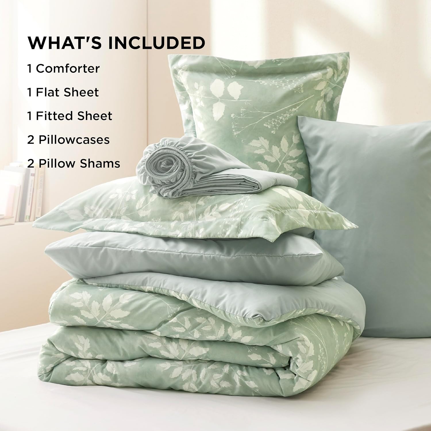 Bedsure Queen Comforter Set - 7 Pieces Floral Sage Green Bedding Sets, Queen Bed in a Bag Gift for Christmas with Reversible Botanical Flowers Comforter, Sheets, Pillowcases & Shams - Grand Goldman