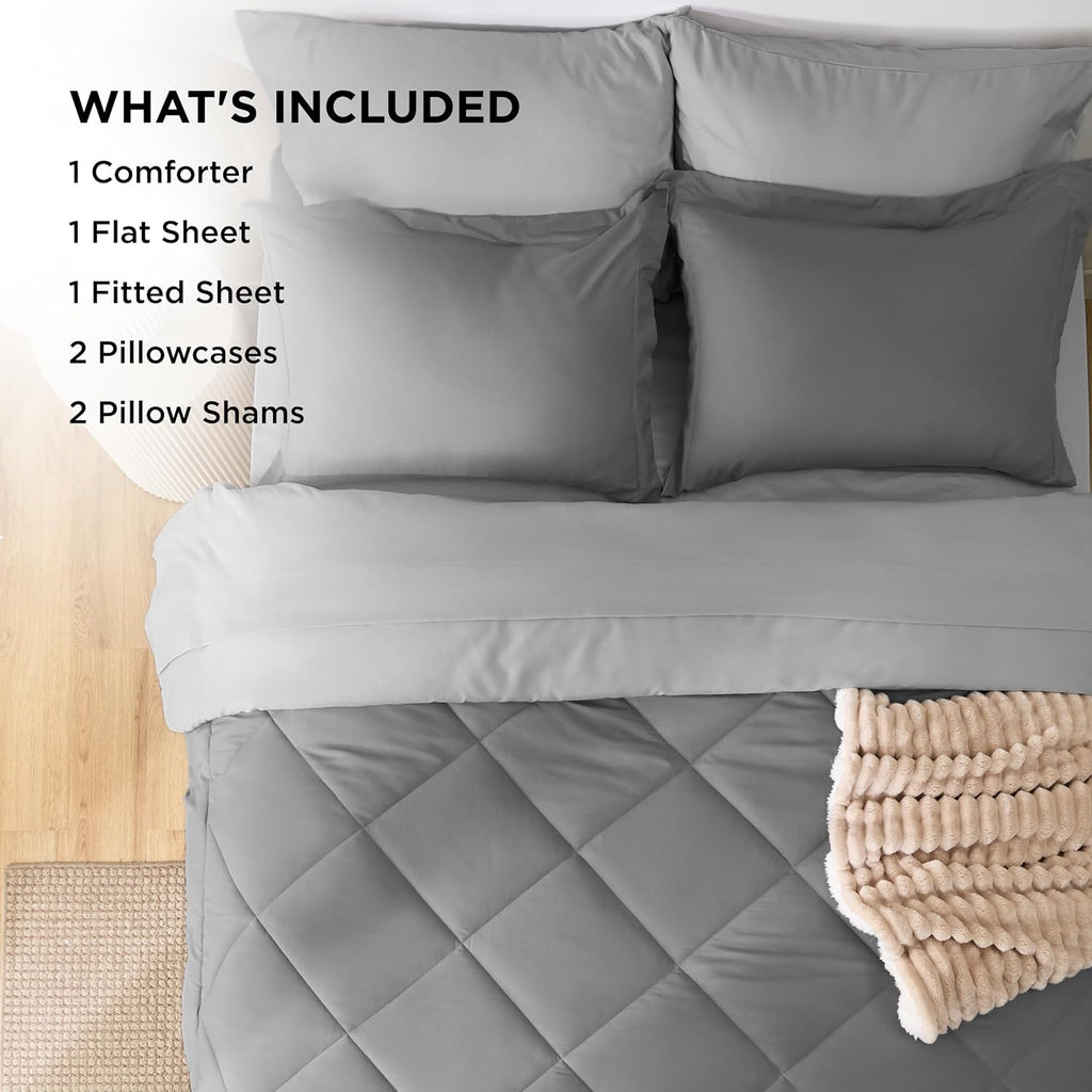Bedsure Queen Comforter Set - 7 Pieces Reversible Comforters Queen Size Bed Set, Bed in a Bag Gift for Christmas with Comforter, Sheets, Pillowcases & Shams, Grey Bedding Sets - Grand Goldman