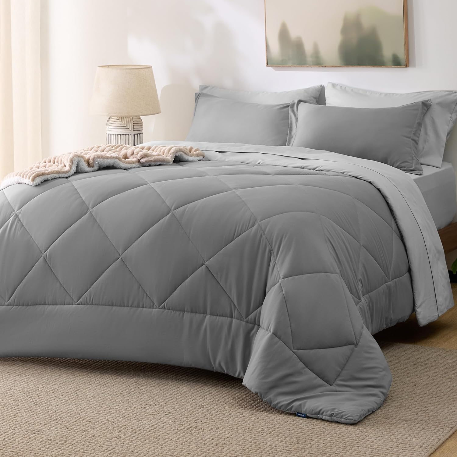 Bedsure Queen Comforter Set - 7 Pieces Reversible Comforters Queen Size Bed Set, Bed in a Bag Gift for Christmas with Comforter, Sheets, Pillowcases & Shams, Grey Bedding Sets - Grand Goldman