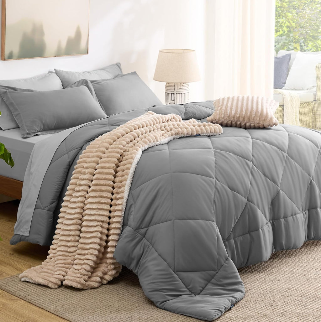 Bedsure Queen Comforter Set - 7 Pieces Reversible Comforters Queen Size Bed Set, Bed in a Bag Gift for Christmas with Comforter, Sheets, Pillowcases & Shams, Grey Bedding Sets - Grand Goldman