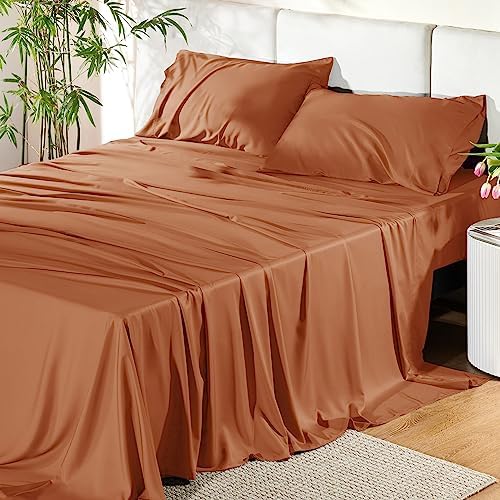 Bedsure Queen Sheet Set, Cooling Sheets for Queen Size Bed Set, Rayon Derived from Bamboo, Breathable & Soft Deep Pocket Up to 16", Hotel Luxury Silky Bedding Sheets & Pillowcases, Dark Grey - Grand Goldman
