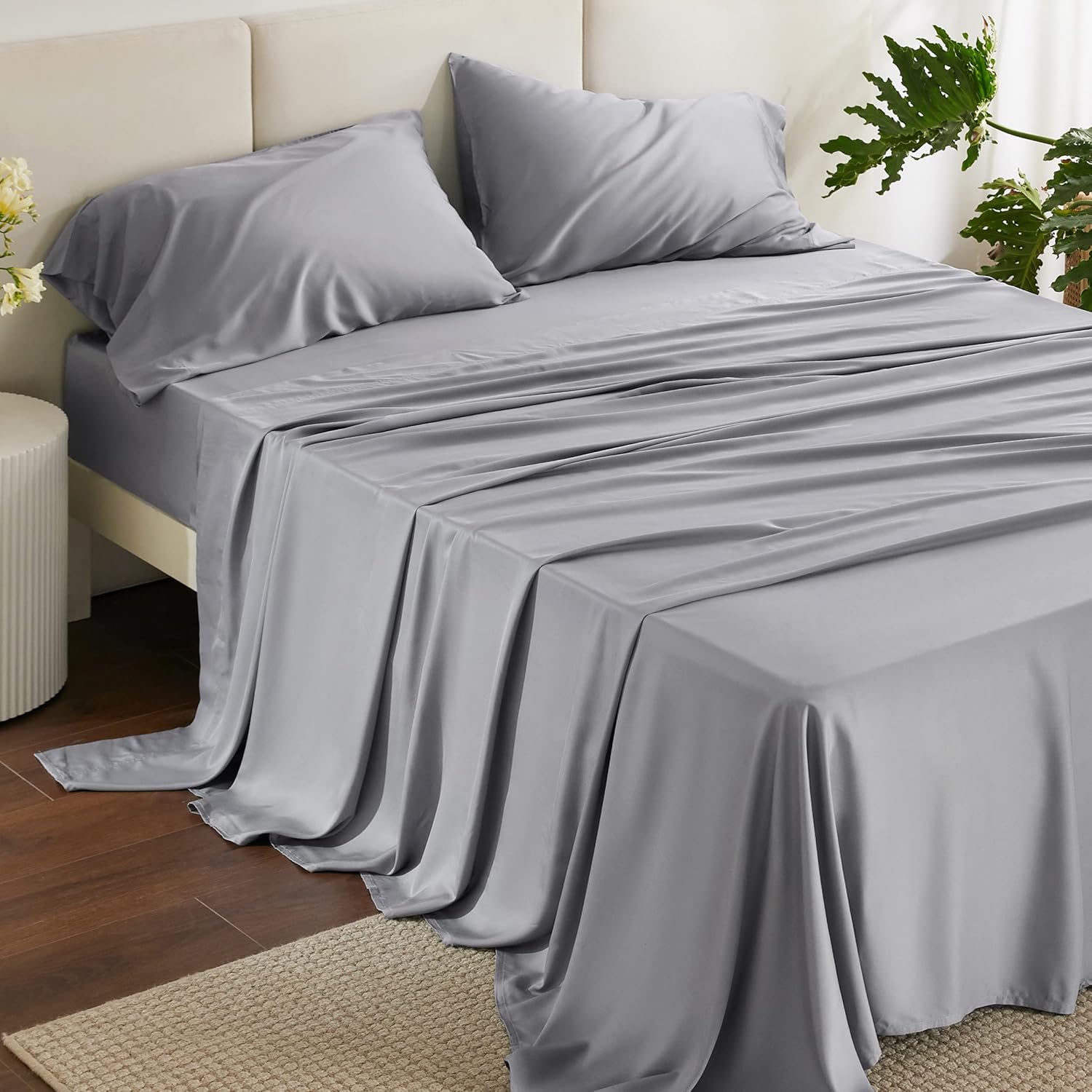 Bedsure Queen Sheet Set, Cooling Sheets for Queen Size Bed Set, Rayon Derived from Bamboo, Breathable & Soft Deep Pocket Up to 16", Hotel Luxury Silky Bedding Sheets & Pillowcases, Dark Grey - Grand Goldman