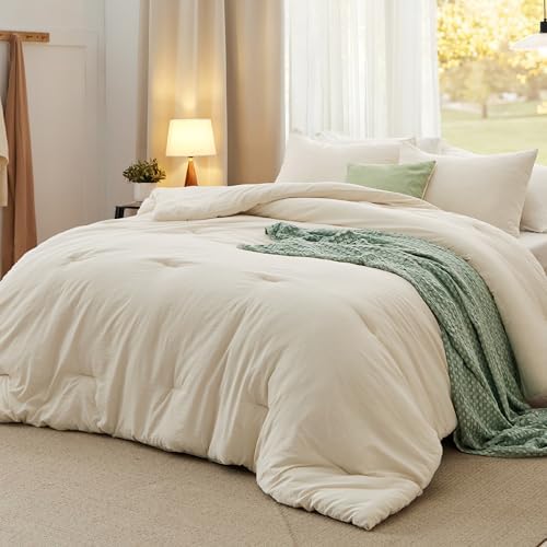 Bedsure Queen Size Comforter Sets, Beige Soft Prewashed Bed Comforter for All Seasons, 3 Pieces Warm Bedding Sets, 1 Lightweight Comforter (90"x90") and 2 Pillowcases (20"x26") - Grand Goldman