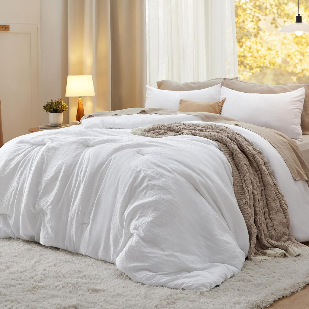 Bedsure Queen Size Comforter Sets, Beige Soft Prewashed Bed Comforter for All Seasons, 3 Pieces Warm Bedding Sets, 1 Lightweight Comforter (90"x90") and 2 Pillowcases (20"x26") - Grand Goldman