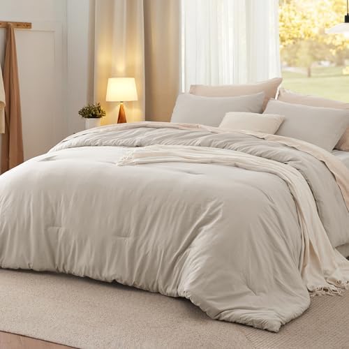 Bedsure Queen Size Comforter Sets, Beige Soft Prewashed Bed Comforter for All Seasons, 3 Pieces Warm Bedding Sets, 1 Lightweight Comforter (90"x90") and 2 Pillowcases (20"x26") - Grand Goldman