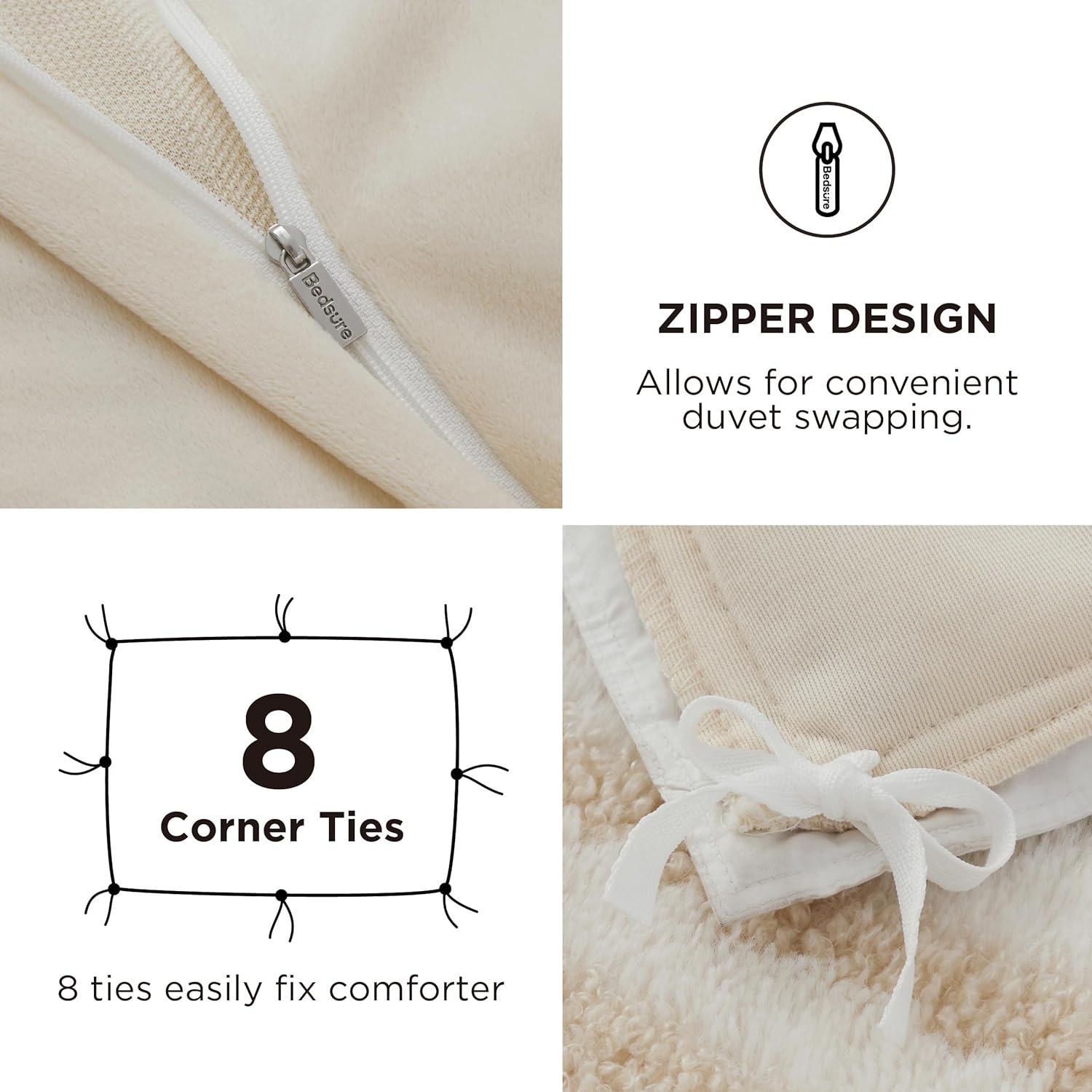 Bedsure Sherpa Fleece Duvet Cover Set - Ultra Soft Plush Shaggy Fluffy Comforter Cover Queen Size, Warm Flannel Fleece Bed Sets for Winter, 1 Duvet Cover & 2 Pillow Shams, Striped Pattern, Beige - Grand Goldman