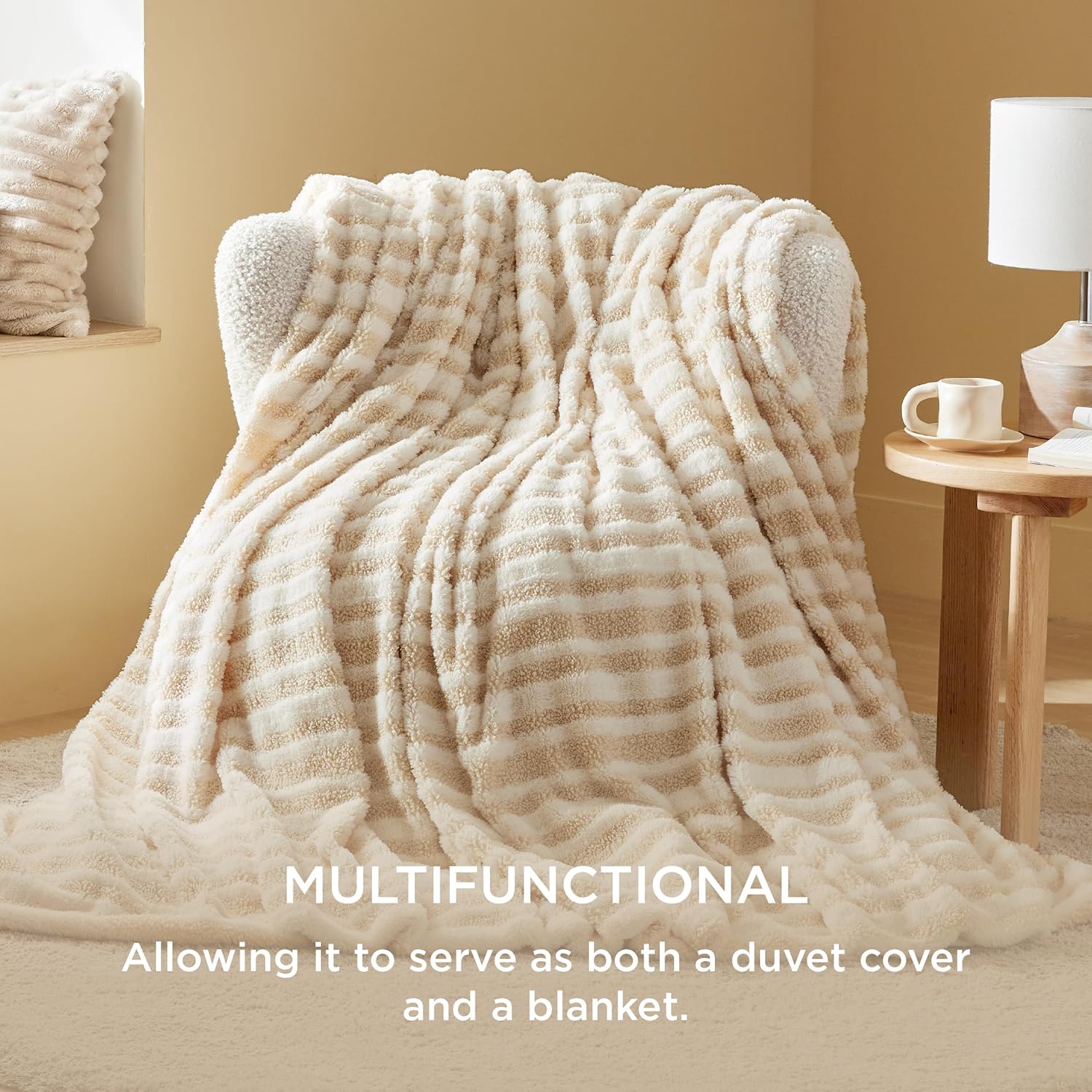 Bedsure Sherpa Fleece Duvet Cover Set - Ultra Soft Plush Shaggy Fluffy Comforter Cover Queen Size, Warm Flannel Fleece Bed Sets for Winter, 1 Duvet Cover & 2 Pillow Shams, Striped Pattern, Beige - Grand Goldman
